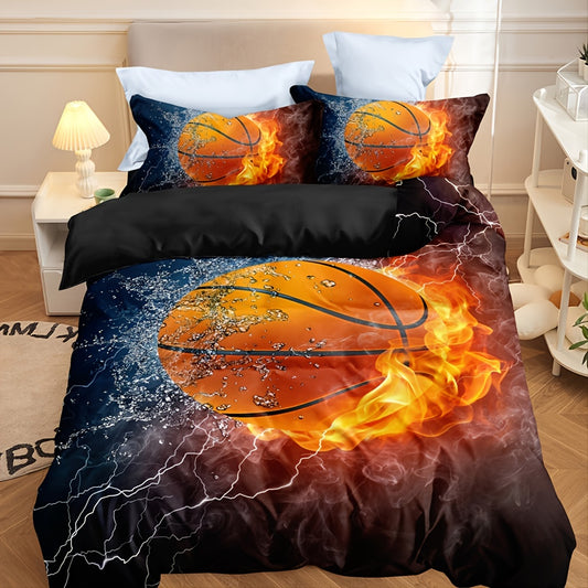 This Water and Fire Basketball Duvet Cover Set adds an athletic touch to your bedroom decor. The set includes 1 duvet cover and 2 pillowcases made from polyester microfiber for added comfort and softness. The vivid print is sure to make a bold statement.