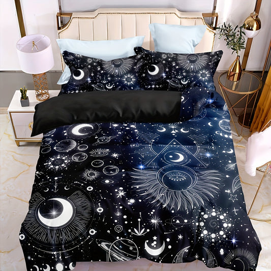 Transform your bedroom with this Mystic Astrology Constellation Duvet Cover Set. It features a Triangle Eye Design for a soft and comfortable sleeping experience, and includes 1 duvet cover and 2 pillows, without a core. Enjoy a luxurious feeling with the subtle sheen and a smooth texture that is soothing to your skin.