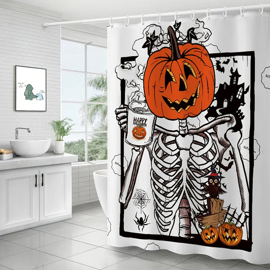 Capture the spooky spirit of Halloween with this waterproof Skeleton Pumpkin Shower Curtain. Crafted in durable Polyester fabric, it adds a unique decorative touch to your bathroom for a special Halloween vibe. Ideal for creating a fun atmosphere without compromising on quality or durability.