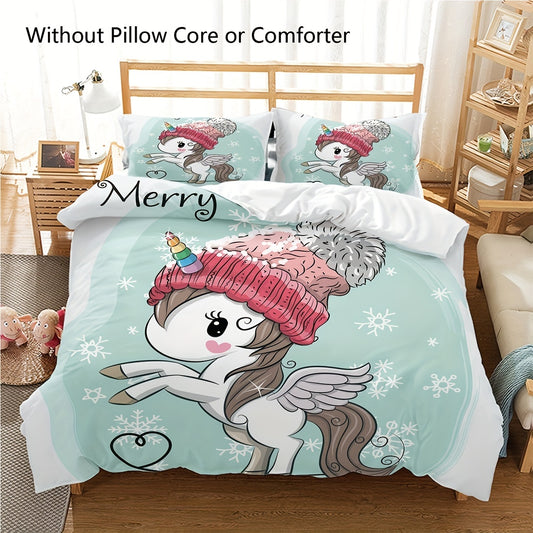 Transform your bedroom into a winter wonderland with our Merry Christmas Duvet Cover Set. Featuring a charming snowflake and cartoon unicorn pattern, this microfiber bedding will add a festive touch to your holiday decor.