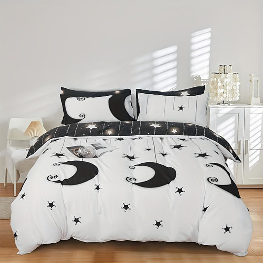 Bring a touch of night sky to your bedroom with the Starry Night Duvet Cover Set. Featuring a moon and star pattern, this set includes one duvet cover and two pillowcases, constructed from a cozy and durable fabric blend to keep you warm and comfortable. Create a stylish and tranquil bedroom with ease!