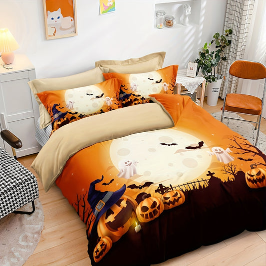 Spooky Halloween-Themed Duvet Cover Set: Pumpkin, Ghost, Moon & Bat Print Bedding Set for a Cozy and Stylish Bedroom(1*Duvet Cover + 2*Pillowcases, Without Core)