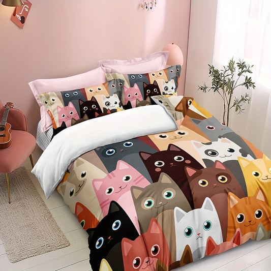 Cat Print Duvet Cover Set: Soft and Comfortable Bedding for Bedroom and Guest Room(1*Duvet Cover + 2*Pillowcases, Without Core)