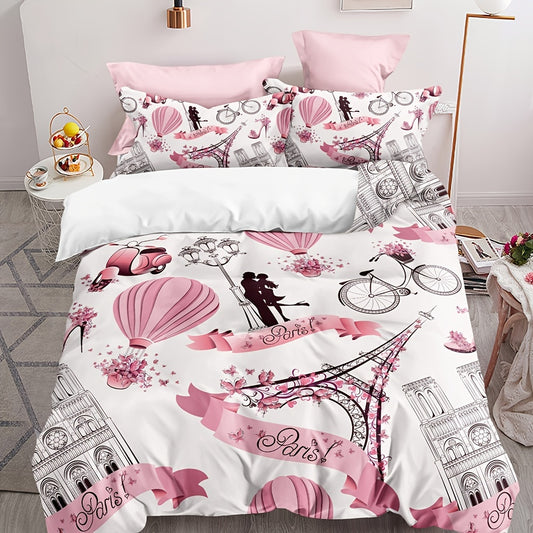 Add a special touch to your guest room with the Paris Symbols: Romantic Travel Couple Duvet Cover Set. Enjoy luxurious hotel-style decor with this set, featuring Paris icons and symbols including the Eiffel Tower, Arc de Triomphe, and more. Includes 1 duvet cover and 2 pillowcases, without core.