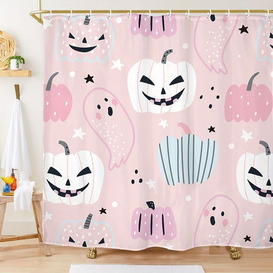 Spooky Shower Delight: Halloween Pumpkin Pattern Shower Curtain – Waterproof, Mildew-Proof, and Machine Washable