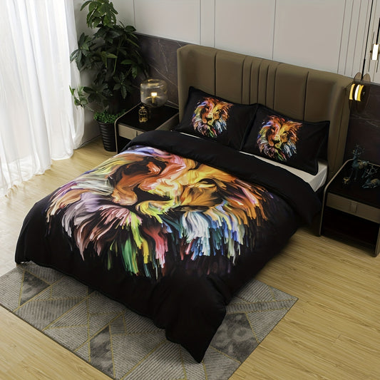 Lion Print Polyester Duvet Cover Set: Add Sleek Style and Comfort to Your Bedroom - Includes 1 Duvet Cover and 2 Pillowcases (No Core)