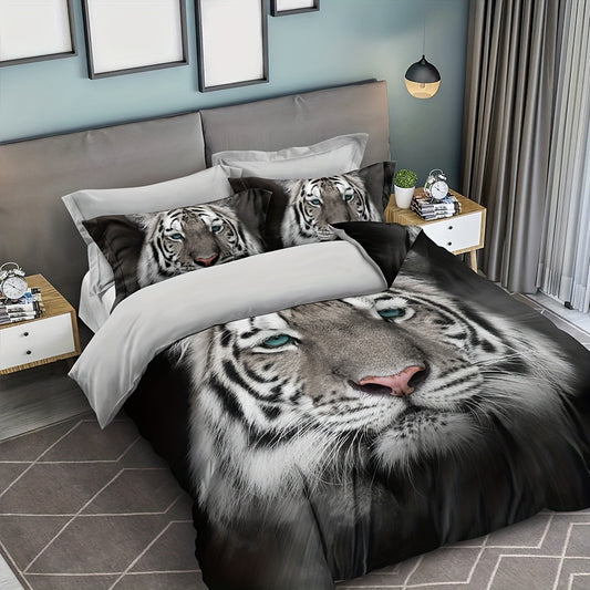 Add a touch of the wild to your bedroom with this Cute White and Black Tiger Painting Duvet Cover Set. Made with high quality fabric for extra comfort and durability, this set includes a duvet cover and two pillowcases without a core, perfect for a wild-themed bedroom. Enjoy the soft touch of the cozy fabric with each use.