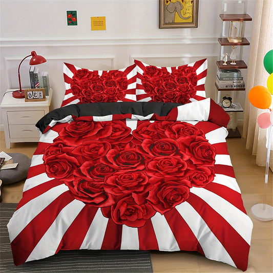 Romantic Love Heart Rose Floral Printed Duvet Cover Set: The Perfect Valentine's Day Bedding Set for a Romantic and Stylish Bedroom Decor