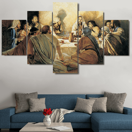 The Divine Masterpiece: 5pcs HD Printed Christ Apostles Last Supper Canvas Wall Art - Exquisite Home Decor Collection