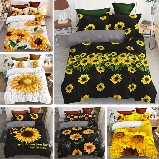 Add a touch of personality to your bedroom with this Vibrant Sunflower Dreams Duvet Cover Set. Featuring one duvet cover and two pillowcases made of soft, lightweight fabric, this set will create a stylish and cozy bedroom atmosphere. Plus, its wrinkle-resistant properties make it easy to keep this set looking smooth and vibrant.