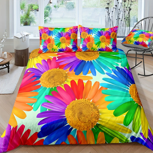Upgrade your bedroom décor with this Vibrant Rainbow Daisy Print Duvet Cover Set. Made of ultra-soft and luxurious Polyester fabric with vibrant colors, this set includes one duvet cover and two pillowcases. It's the perfect choice for bedroom and guest room comfort. Add an elevated style to your home today.