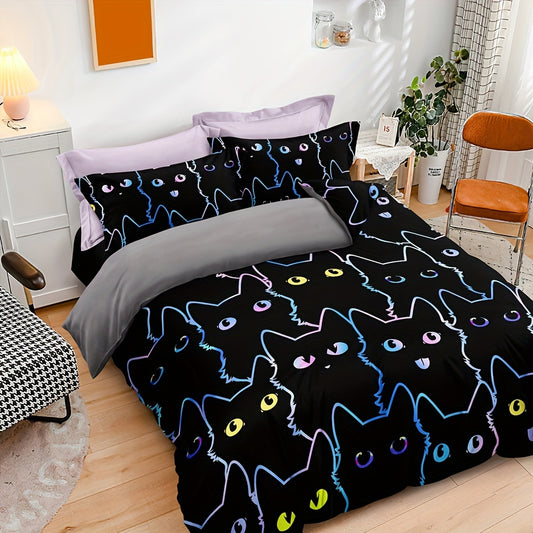 Playful Purrfection: Cat Print Duvet Cover Set for a Cozy Bedroom Retreat(1*Duvet Cover + 2*Pillowcases, Without Core)