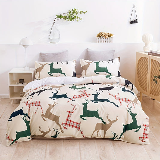 Deer Print Christmas Duvet Cover Set - Perfect for Master, Children's and Guest Bedrooms - 1 Duvet Cover and 2 Pillowcases (No Core)