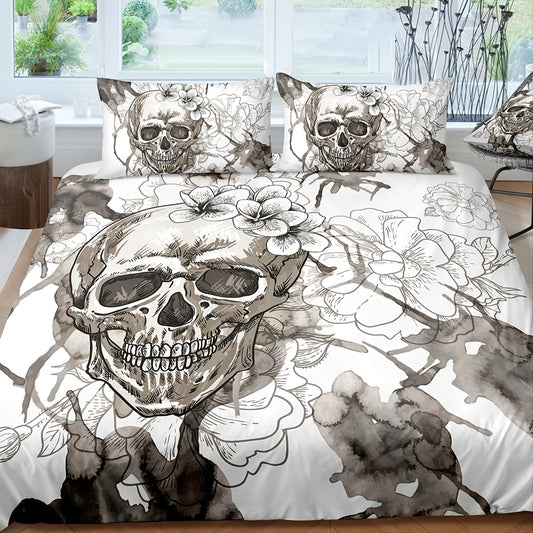 This 3 piece duvet cover set, featuring a stylish skull pattern, gives any bed a bold, contemporary look. The 100% cotton set includes 1 duvet cover and 2 pillowcases - no core included. Soft and breathable, this set is perfect for a restful night's sleep.