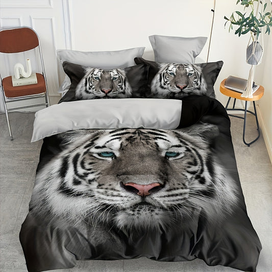 Cute White and Black Tiger Painting Duvet Cover Set: Perfect Bedding for a Wild-Themed Bedroom! (1*Duvet Cover + 2*Pillowcases, Without Core)
