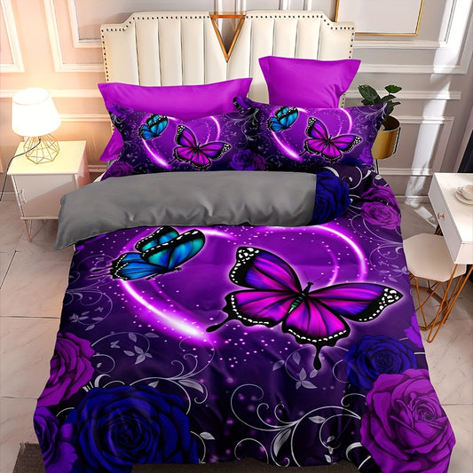 Duvet Cover Set with Butterfly and Rose Print - Soft and Comfortable Bedding Set for Bedroom or Guest Room (1*Duvet Cover + 2*Pillowcases, Without Core)