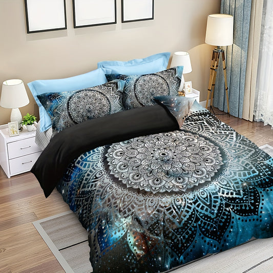Enhance your guest room with the Mystical Mandalas: Galaxy Ramadan Décor Duvet Set. This set includes one duvet cover and two pillowcases, all crafted from high-quality fabric for both comfort and style. The vibrant design will be sure to add a unique, eye-catching look to any bedroom.