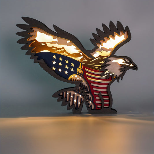 Eagle's Light is an eye-catching wooden art night light perfect for home or office decor. Its patriotic design and unique LED display make it a great addition to any space. The energy-efficient LED bulb provides low heat and low electricity consumption for a long lifespan.