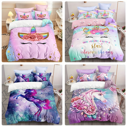 This Cute Unicorn Print Duvet Cover Set is the perfect addition to your bedroom. The soft and comfortable fabric and luxurious feel of the duvet cover and two pillowcases offer a great night's sleep and magical dreams. The no-core design makes for easy setup and maintenance. Enjoy your perfect bedding set today.
