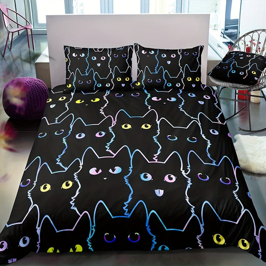 Experience a cozy and stylish bedroom retreat with this Playful Purrfection cat print duvet cover set that includes 1 duvet cover and 2 pillowcases. The polyester microfiber fabric is soft-to-the-touch, yet durable enough to withstand washing and drying. Add a touch of fun to your bedroom with this high-quality, attractive design.