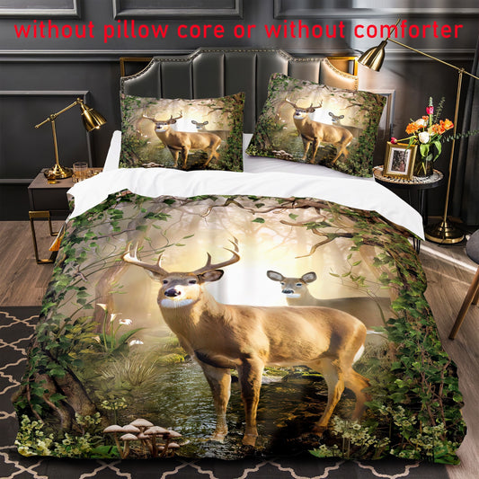 Forest Creek and Deer Print Duvet Cover Set: Stylish and Cozy Bedding for a Serene Bedroom Ambiance