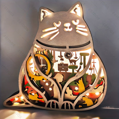 Whimsical Fat Cat Wood Carving Decoration: LED Night Light for Indoor Décor, Christmas & Halloween Themes | Perfect Gift and Desktop Accent Piece