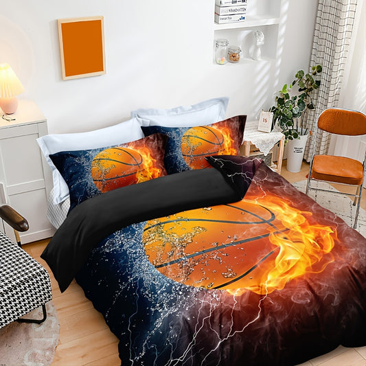 Water and Fire Basketball Duvet Cover Set: Enhance Your Bedroom with Sporty Style (1*Duvet Cover + 2*Pillowcases, Without Core)