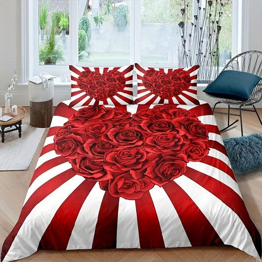 Elevate your bedroom decor with our Romantic Love Heart Rose Floral Printed Duvet Cover Set. This gorgeous Valentine's Day bedding set features a charming heart and rose design, adding a touch of romance and style to your space. 