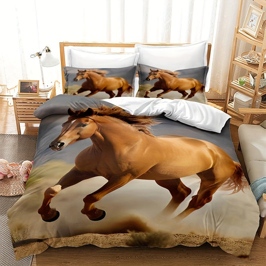 For the perfect night's sleep, snuggle up in the Horse Print Polyester Duvet Cover Set. This set includes a duvet cover and two pillowcases made of polyester for the utmost comfort. The unique horse print will add a stylish touch to your bedroom. Durably constructed for long-term use.