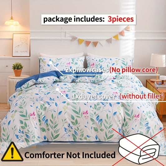 Green Leaf and Red Flower Printed Polyester Duvet Cover Set: A Soft, Breathable or Your Bedroom or Guest Room - Includes 1 Duvet Cover and 2 Pillowcases (No Core)