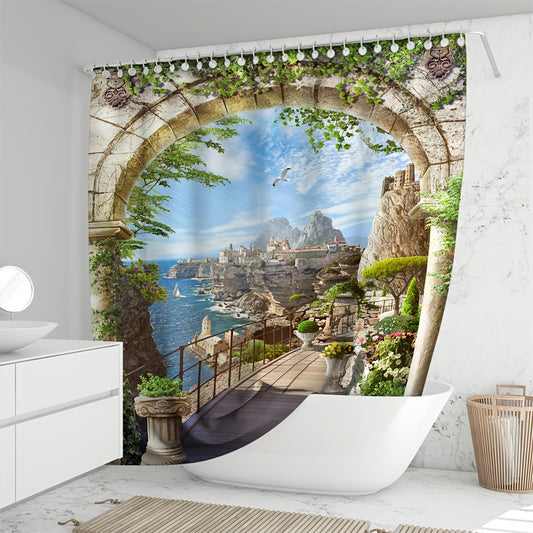 Enhance Your Bathroom Oasis with our Waterproof Landscape Mural Shower Curtain - Complete with 12 Plastic Hooks!