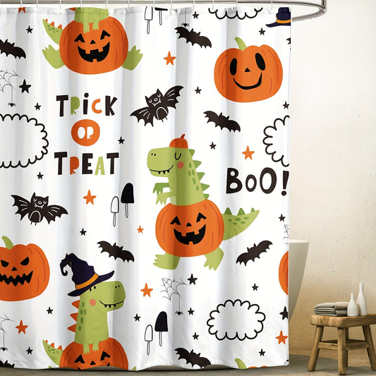 Cute Dinosaur Dino Halloween Pumpkin Shower Curtain - Spook up your Bathroom with Trick-or-Treat Fun!