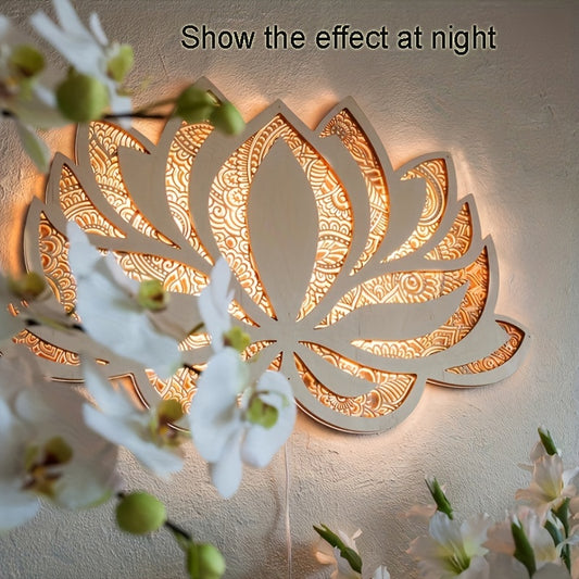 Create a beautiful atmosphere of wellness at home with the Mandala Yoga Wooden Art Room Wall Light. This creative, lotus-shaped LED light provides a soft glow to your living space and helps illuminate your practice. Crafted with wood, it adds a unique and natural touch to any environment. Enjoy the calming effects of this stunning piece of art.