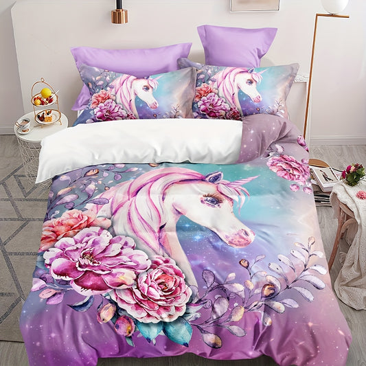 Cute Unicorn Print Duvet Cover Set: Soft and Comfortable Bedding for Magical Dreams - Includes 1 Duvet Cover and 2 Pillowcases (No Core)