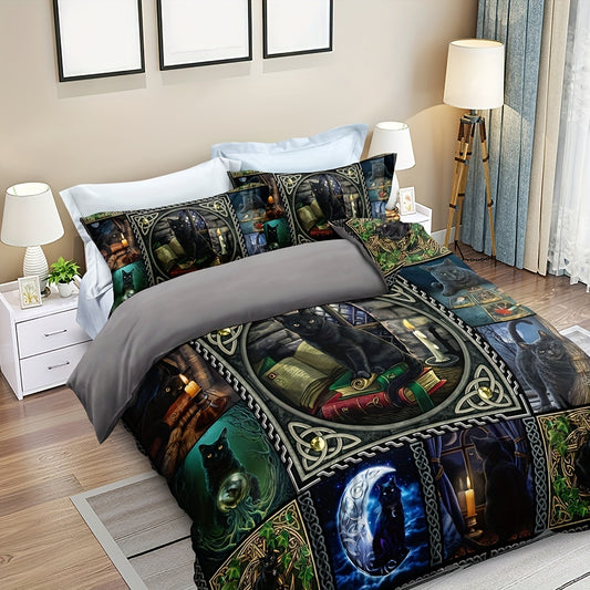 Witchy Charm: Black Cat Duvet Cover Set – Soft and Stylish Bedding for a Magical Bedroom(1*Duvet Cover + 2*Pillowcases, Without Core)