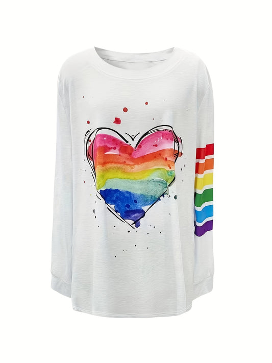 Rainbow Heart Print Plus Size Casual T-Shirt: A Colorful Addition to Your Wardrobe