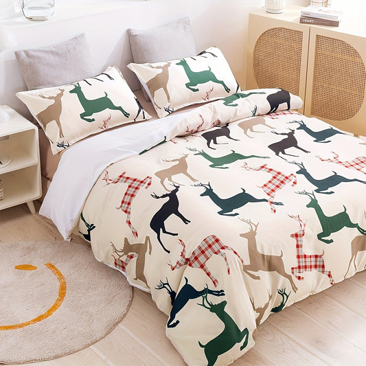 This Deer Print Christmas Duvet Cover Set is the perfect addition to create a festive atmosphere in any bedroom. It comes with one duvet cover and two pillowcases (no core). The set is ideal for master, children's, and guest bedrooms.