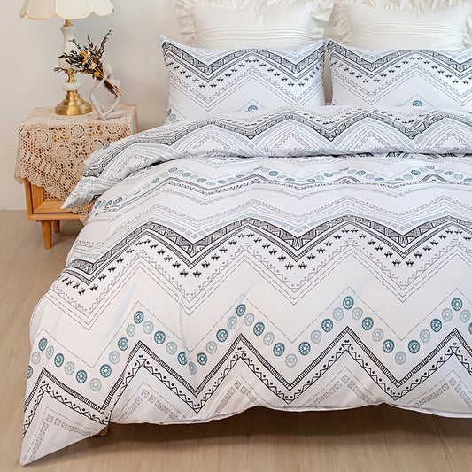 Experience the ultimate combination of style and comfort with our Boho Chic Waves 3-piece duvet cover set. Featuring a unique curved ripple and polka dot print, this fashionable set adds a fresh touch to any bedroom or guest room. Crafted with soft materials, it provides a cozy and comfortable sleep experience.