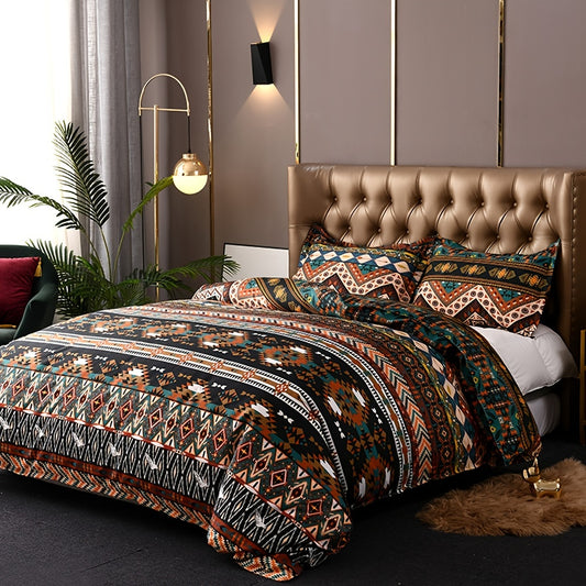 This Boho Chic Striped Geometric Bedding Set provides a traditional ethnic look, perfect for adding a touch of style to any bedroom. The duvet cover and two pillowcases are made of a brown material featuring a stylish bohemian pattern. Soirée in style with this unique and classic bedding set.