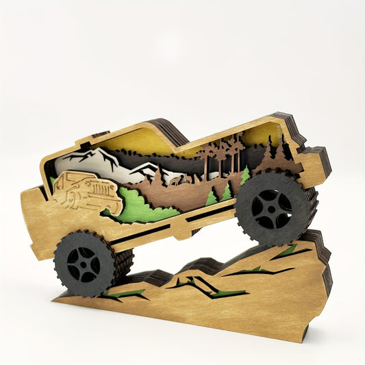 This unique hand-carved wooden art off-road vehicle is a perfect accent piece for any home. Crafted from sustainable and durable woods, it features intricate details and a bold design, sure to evoke an adventurous spirit. Ideal for those looking for a one-of-a-kind decorative piece.
