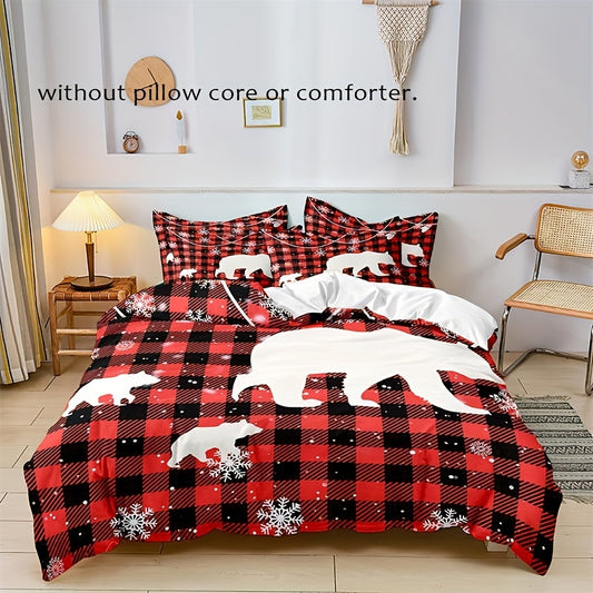 Snowflake Bear Plaid Print Duvet Cover Set: Soft and Comfortable Bedding for a Charming Bedroom
