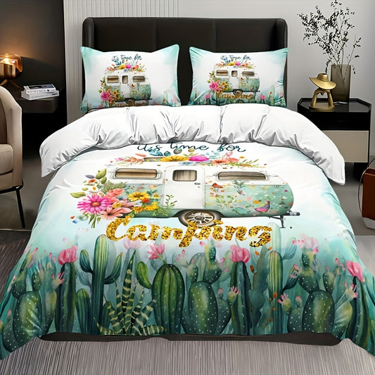 Fresh and Stylish: 3PCS Fashion Duvet Cover Set with Cactus, Flower, Car Prints - Perfect for Bedroom or Guest Room Décor