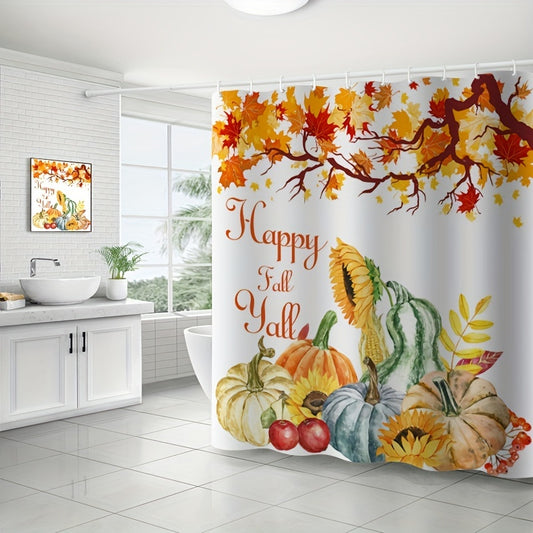 Welcome the season of thanks with this cozy farmhouse bathroom shower curtain. Featuring pumpkins, gourds, and apples to create the perfect autumn scene, you'll be able to celebrate Thanksgiving all season long. Bring the outdoors in and add a festive touch to your home.