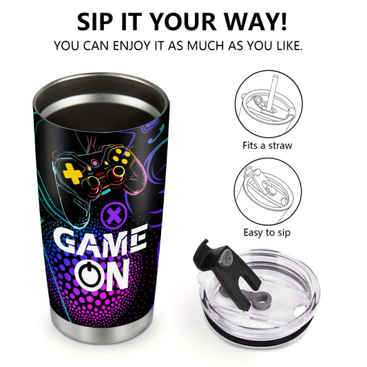 Stay hydrated during your epic gaming sessions with Game On: The Ultimate Gamer's Stainless Steel Tumbler. This 40oz tumbler is perfect for home, office, and travel, keeping your drinks cool and refreshing. Made from high-quality stainless steel, it's the perfect gift for men, teen boys, girls, and boyfriends who love gaming.