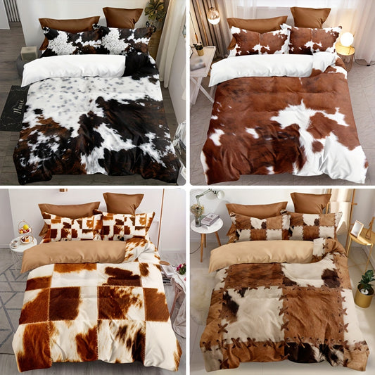 This stunning Fur Pattern Stitching Print Rustic Cowhide Style Duvet Cover Set adds an eye-catching look to any bedroom or guest room. The set contains one duvet cover and two pillowcases, but excludes the core. The duvet cover has a rich design of rustic cowhide and fur pattern stitching print, creating a luxurious aesthetic.