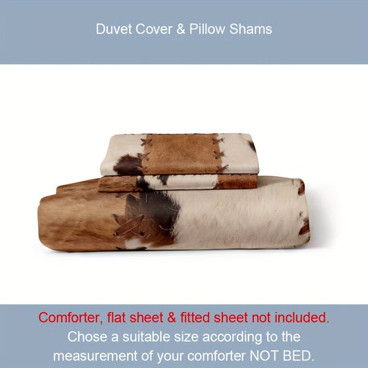 Fur Pattern Stitching Print Rustic Cowhide Style Duvet Cover Set for Your Bedroom or Guest Room (1*Duvet Cover + 2*Pillowcases, Without Core)