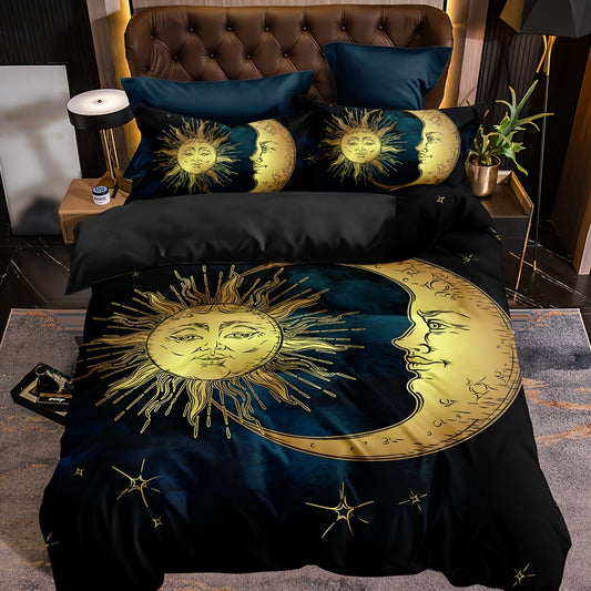 Boho Golden Moon and Sun Hand-drawn Antique Duvet Cover Set - Perfect for Your Guest Room(1*Duvet Cover + 2*Pillowcases, Without Core)