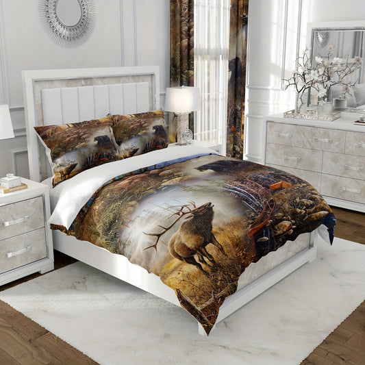 Elevate your bedroom with our Cozy and Stylish 3-Piece Black Bear and Deer Print Duvet Cover Set. Made with soft and luxurious materials, this set offers ultimate comfort and features a charming print of black bears and deer. Transform your bedroom into a cozy and chic retreat with this must-have set.