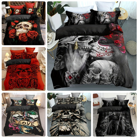 Bring a touch of gothic style to your bedroom décor with this Skull Pattern Duvet Cover Set. This set includes a duvet cover and two pillowcases, but does not include a duvet core. It is crafted from high-quality fabric for comfort and durability, making it an excellent choice for your next bedroom revamp.