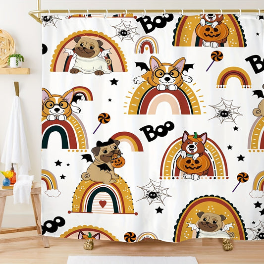 Welcome holiday vibes into your bathroom with this Colorful Halloween Fun Shower Curtain. It features a colorful rainbow design with charming Corgi, Bulldog, Pumpkin, Bat, and Boho Holiday designs to enhance your home decor. Enjoy a festive atmosphere this season!